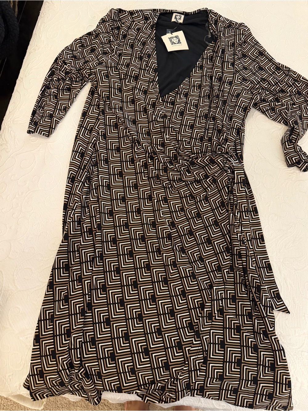 Anne Klein NWT Geometric Wrap Midi Dress XL Light Coffee Multi Workwear